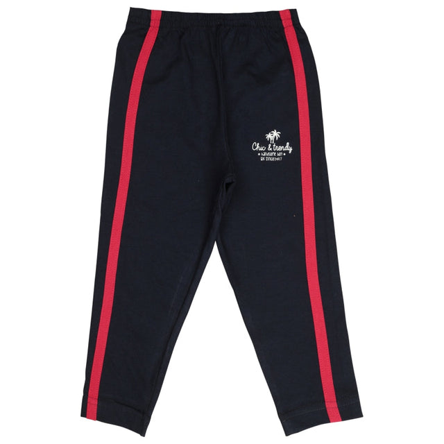 Navy blue kids leggings with red side stripes and printed text on the front