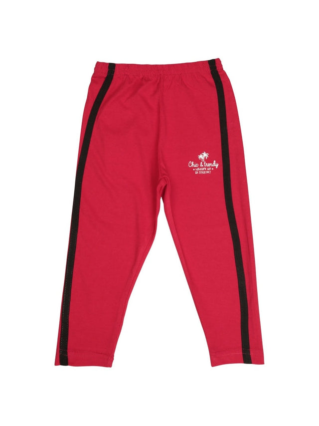 Red kids leggings with black side stripes and white chic & trendy text on the hip