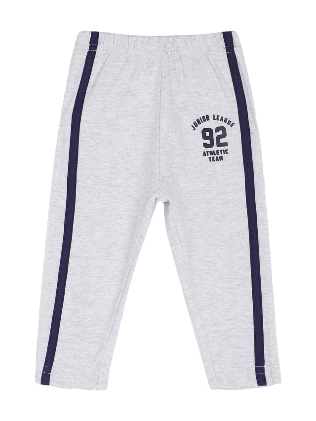 Light grey kids athletic track pants with navy side stripes and 'Junior League 92' print