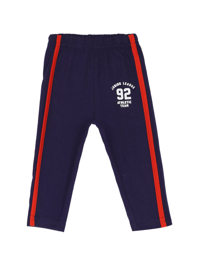 Navy blue kids track pants with red side stripes and 'Junior League 92 Athletic Team' print