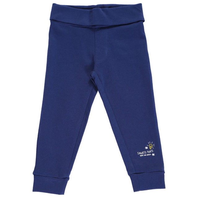 Navy blue kids leggings with 'Smart Pants Got an Idea' print on ankle, soft cotton innerwear