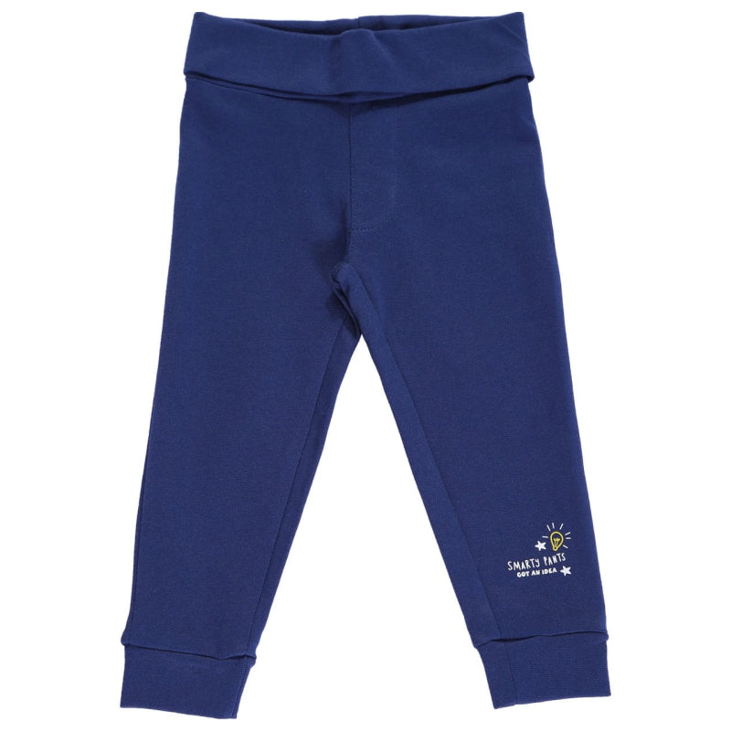 Navy blue kids leggings with 'Smart Pants Got an Idea' print on ankle, soft cotton innerwear