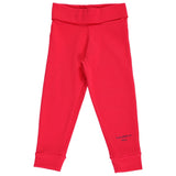 Bright red boys' thermal leggings with fold-over waistband and embroidered text on leg