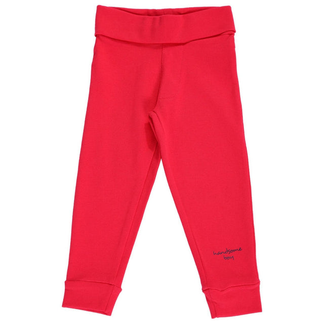 Bright red boys' thermal leggings with fold-over waistband and embroidered text on leg