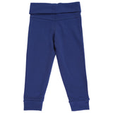 Navy blue kids thermal leggings with fold-over waistband and cuffed ankles, back view