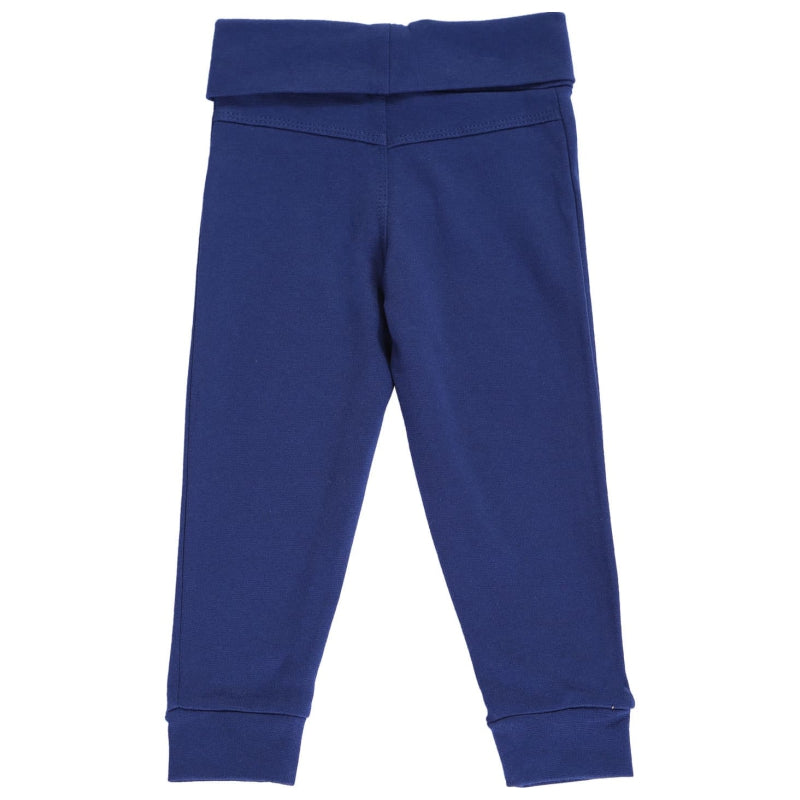 Navy blue kids thermal leggings with fold-over waistband and cuffed ankles, back view