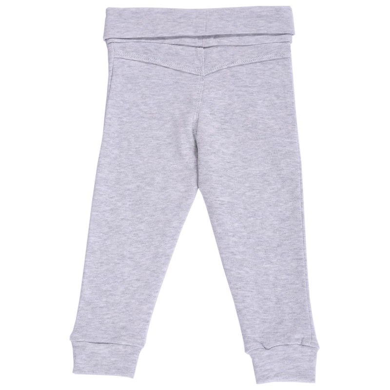 Light grey kids thermal leggings with elastic waistband, back view
