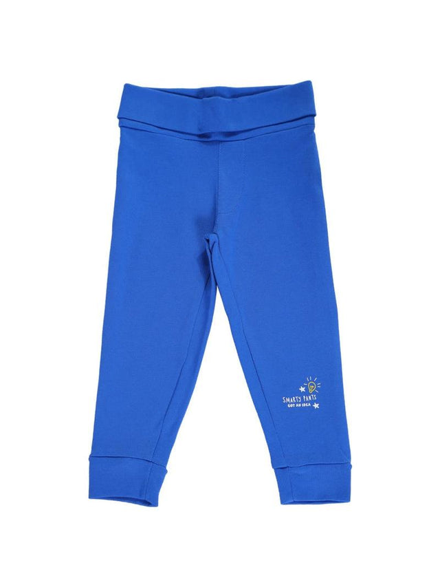 Bright blue kids leggings with elastic waistband and 'Smarty Pants' text on the left leg