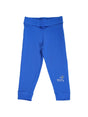 Bright blue kids leggings with elastic waistband and 'Smarty Pants' text on the left leg