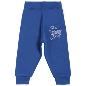 Blue kids leggings with 'Love Mom & Dad' star print, soft cotton, comfortable fit