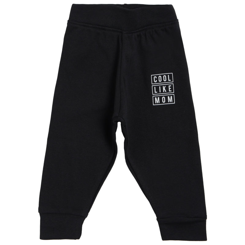 Black kids leggings with 'Cool Like Mom' white text print on left thigh, comfortable fit