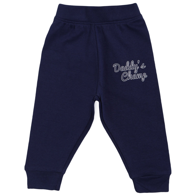 Navy blue kids jogger pants with 'Daddy's Champ' text, soft cotton, comfortable fit