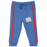 Kids blue joggers with red side stripes and 'Super Hero' print, comfortable innerwear