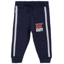 Navy blue kids track pants with white side stripes and 'Mummy's Big Guy' text on front
