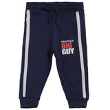 Navy blue kids track pants with white side stripes and 'Mummy's Big Guy' text on front
