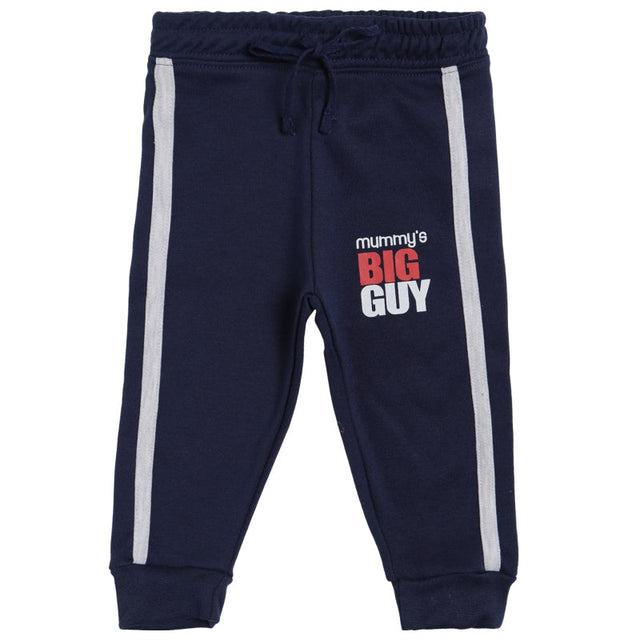 Navy blue kids track pants with white side stripes and 'Mummy's Big Guy' text on front