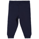 Navy blue kids thermal leggings with elastic waistband and cuffed ankles, back view