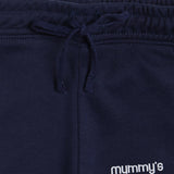 Navy blue kids elastic waist pants with drawstring and partial 'mummy's' text visible