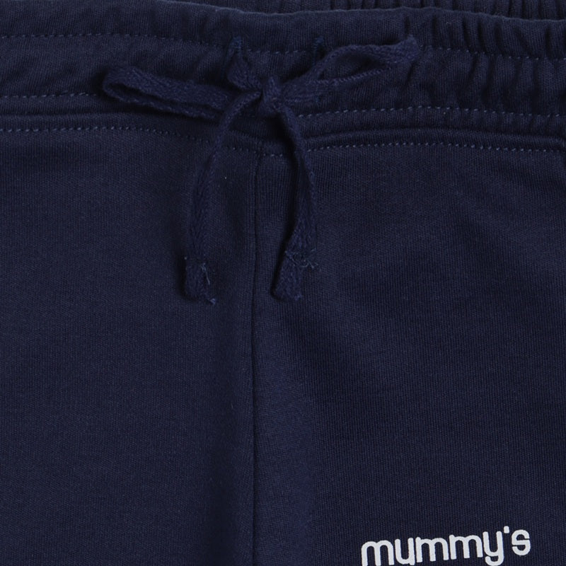 Navy blue kids elastic waist pants with drawstring and partial 'mummy's' text visible