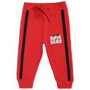 Red kids joggers with 'Super Hero' print, black side stripes, and elastic waist