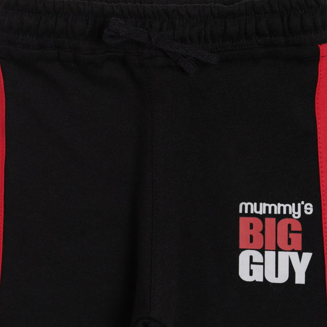 Black kids shorts with red side stripes and mummy's big guy text print