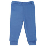 Blue kids thermal pants with elastic waistband and cuffed ankles on white background