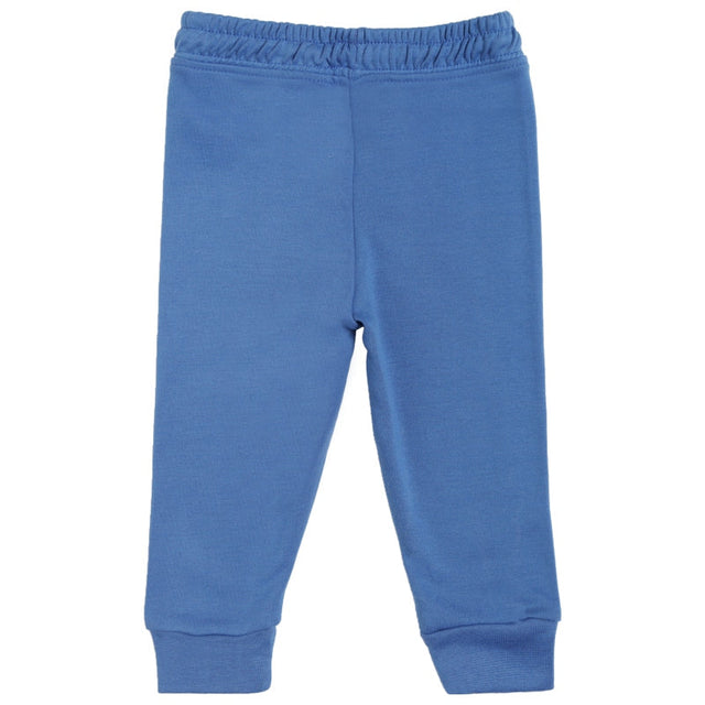 Blue kids thermal pants with elastic waistband and cuffed ankles on white background
