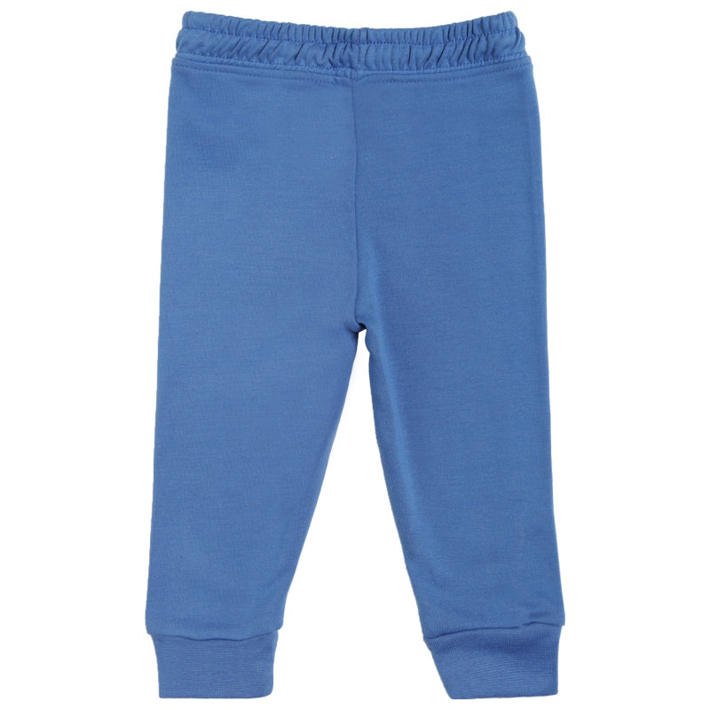 Blue kids thermal pants with elastic waistband and cuffed ankles on white background