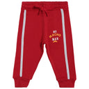 Red boys' jogger pants with white side stripes and 'Mr Macho Man' print, elastic waist