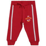 Red boys' jogger pants with white side stripes and 'Mr Macho Man' print, elastic waist