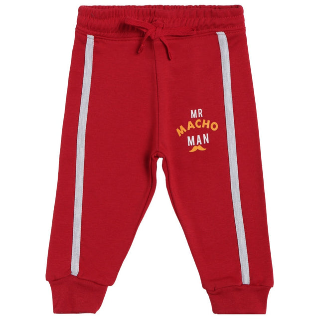 Red boys' jogger pants with white side stripes and 'Mr Macho Man' print, elastic waist