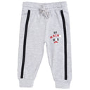 Light grey boys' joggers with black side stripes and 'MR MACHO MAN' graphic print