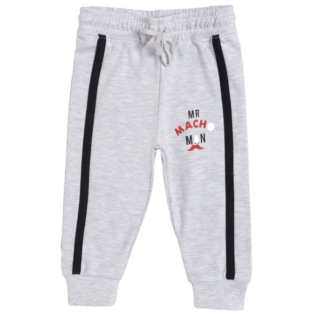Light grey boys' joggers with black side stripes and 'MR MACHO MAN' graphic print
