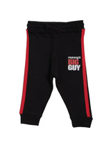 Black kids jogger pants with red side stripes and 'mummy's big guy' text on front