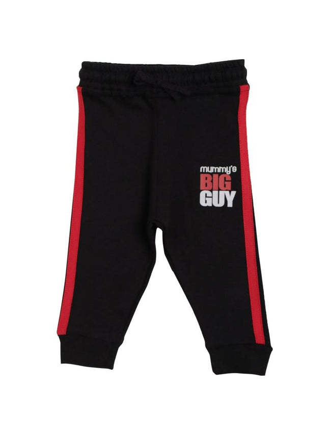 Black kids jogger pants with red side stripes and 'mummy's big guy' text on front
