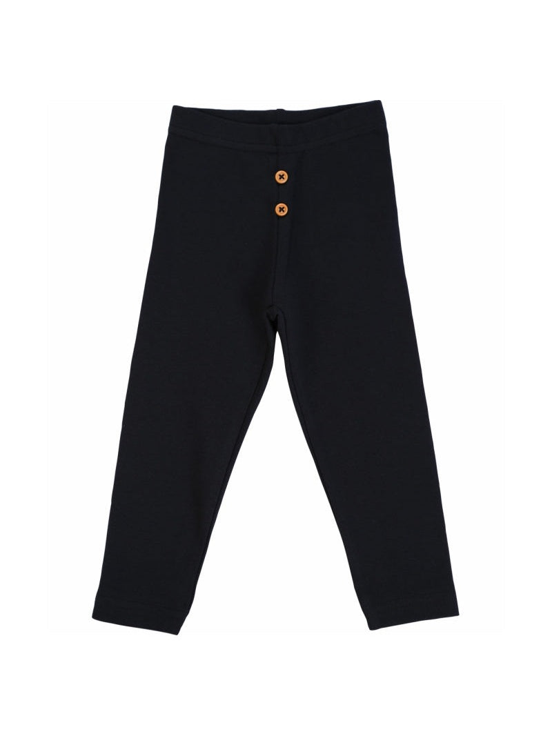 Black kids thermal leggings with two front buttons, flat lay on white background