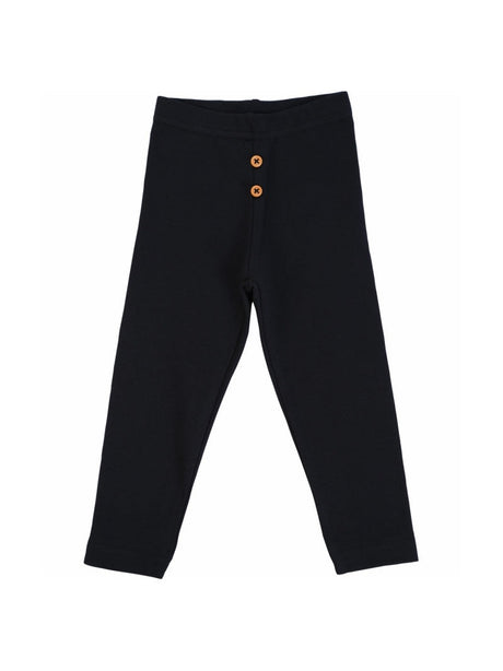 Black kids thermal leggings with two front buttons, flat lay on white background