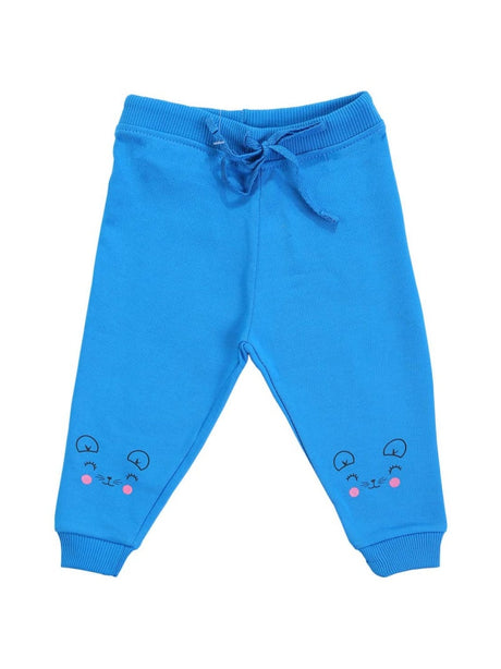Blue kids joggers with drawstring waist and cute animal face print on both legs