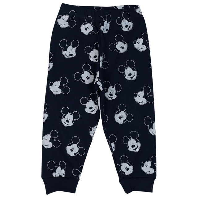 Navy blue kids pajama pants with white cartoon face print, elastic waist, cuffed ankles