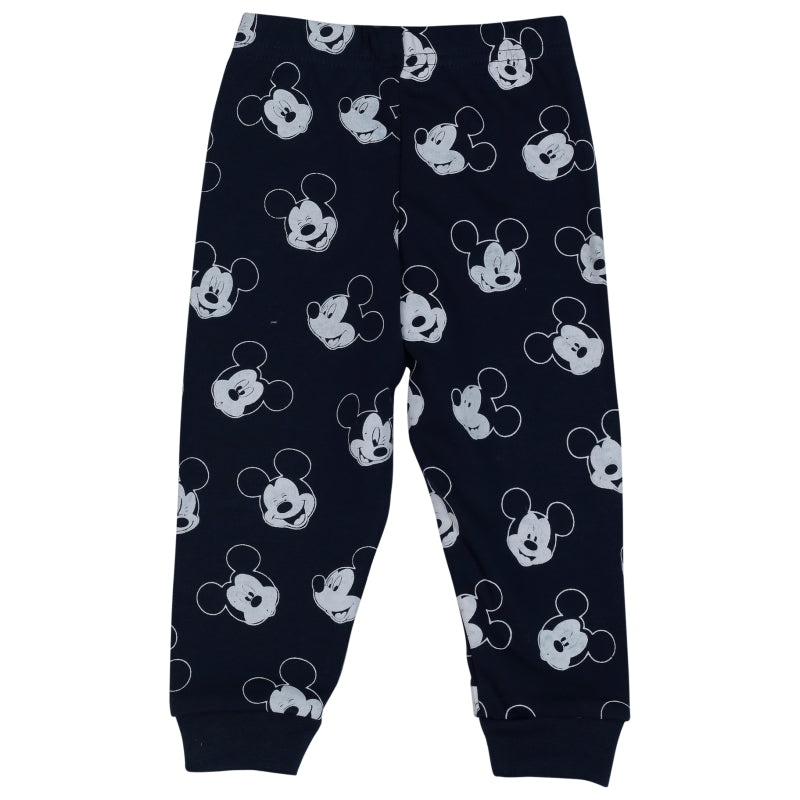 Navy blue kids pajama bottoms with playful cartoon mouse face print, full length, elastic waist