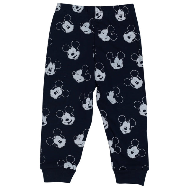 Navy blue kids pajama bottoms with playful cartoon mouse face print, full length, elastic waist