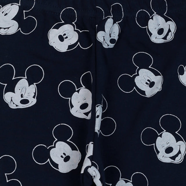 Navy blue kids innerwear with white cartoon face print, soft cotton fabric closeup
