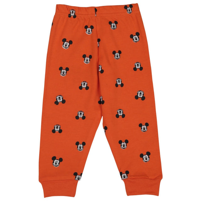 Orange kids pajama pants with cartoon mouse face pattern, elastic waistband, ankle cuffs