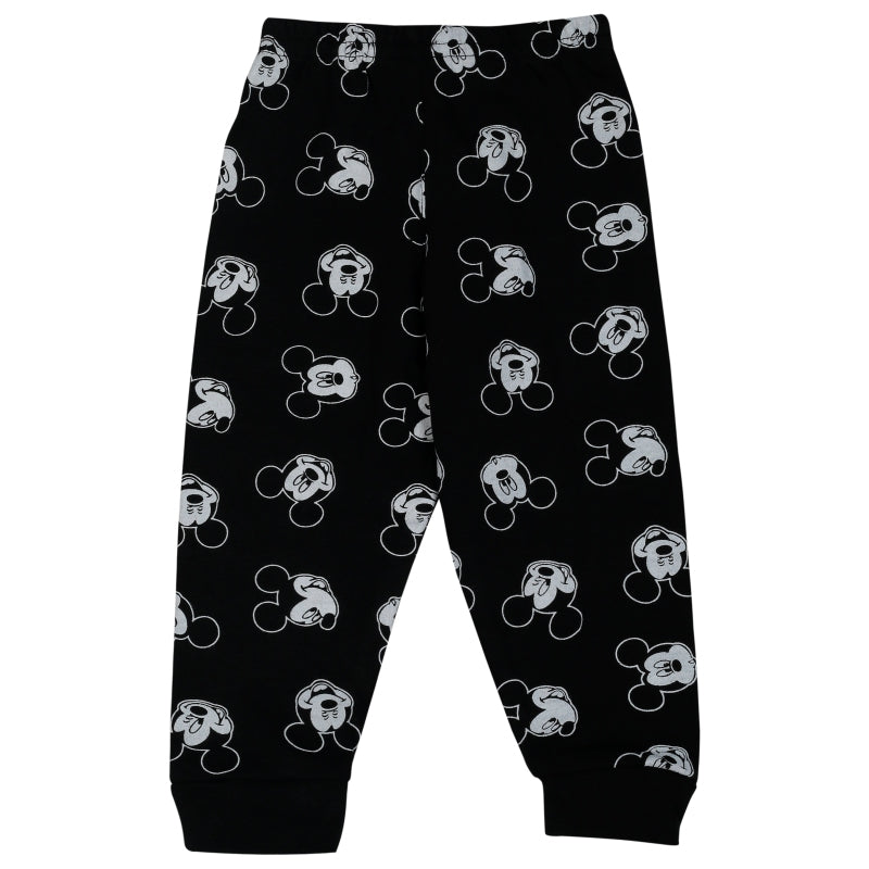 Black kids pajama pants with cartoon mouse face print, elastic waist, and cuffed ankles