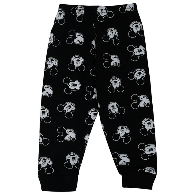 Black kids pajama pants with cartoon mouse face print, elastic waist, and cuffed ankles