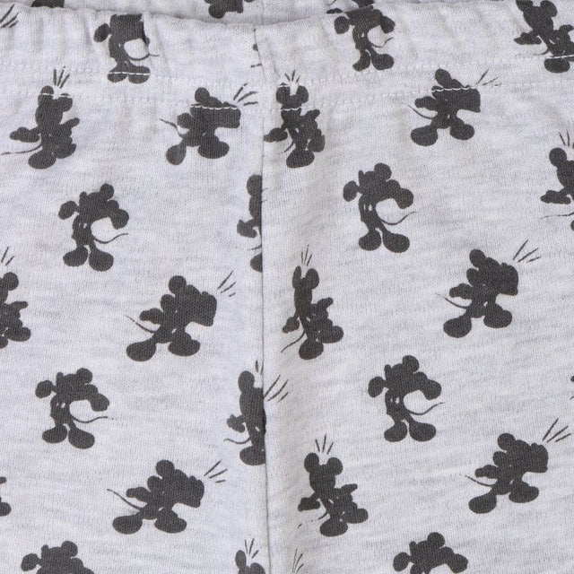Close-up of kids grey innerwear fabric with black cartoon mouse print pattern