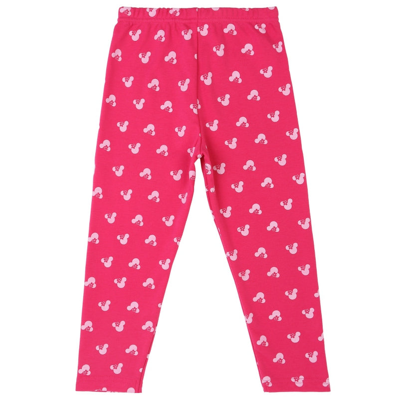 Pink kids leggings with white cartoon pattern, full length, elastic waistband