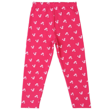 Pink kids leggings with white cartoon pattern, full length, elastic waistband