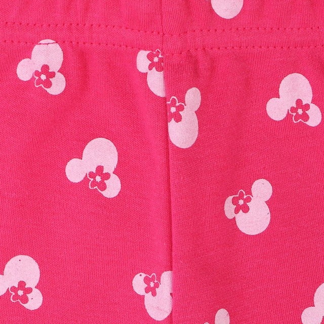 Pink kids innerwear fabric with white cartoon face and flower print pattern