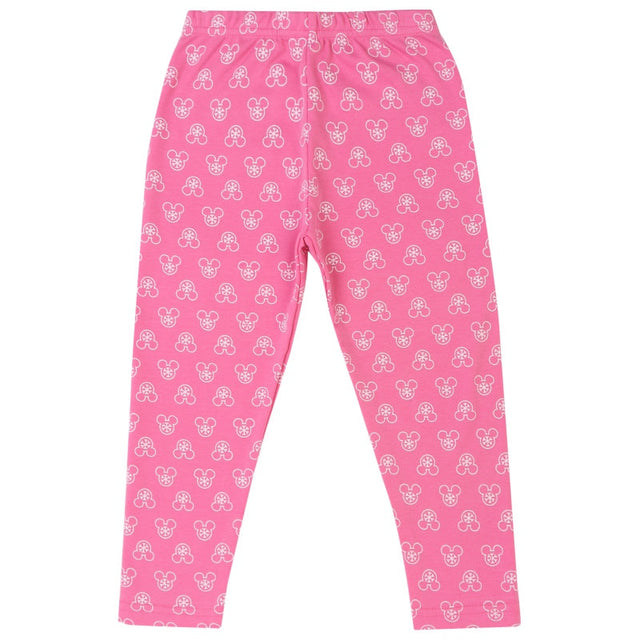 Pink kids leggings with white cartoon bear print, elastic waistband, full length